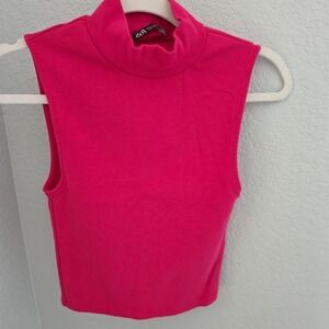 Zara Woman's Medium Mock Turtle Neck Sleeveless Crop Top Pink Knit